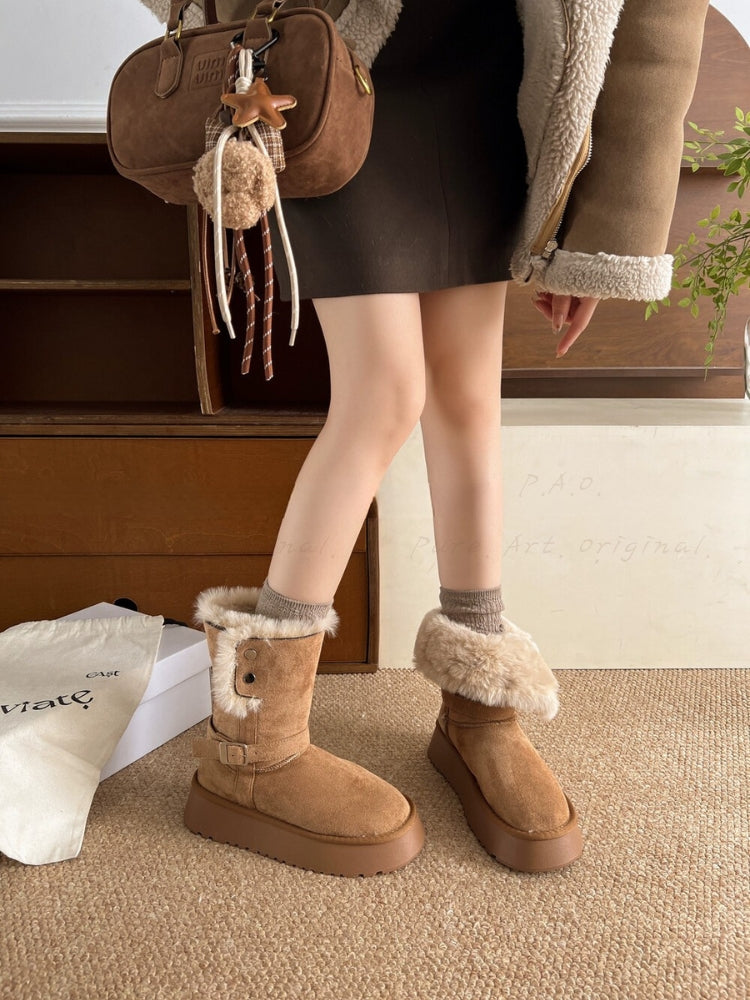 Thickened Fur-Lined Non-Slip Platform Mid-Calf Snow Boots
