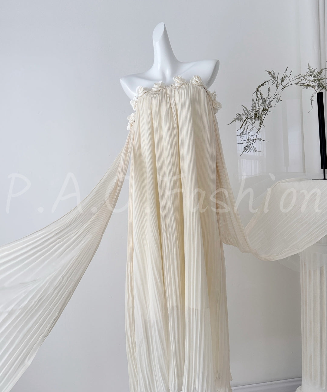 Strapless Pleated Chiffon Maxi Dress with Rosette Detail[Available Now]