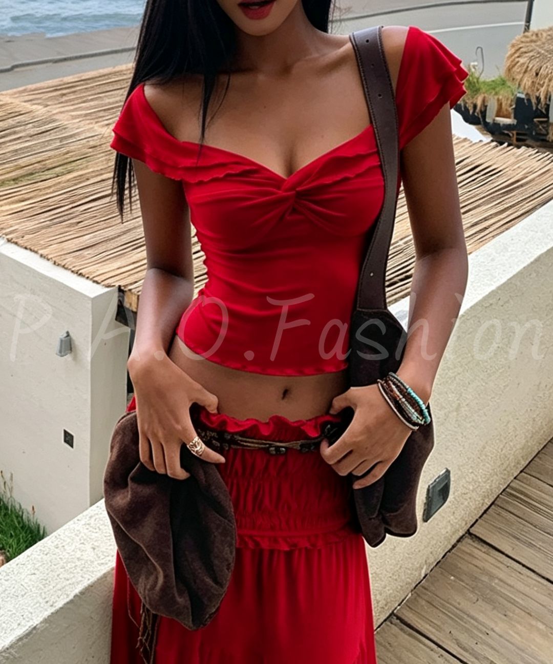 Bohemian Off-Shoulder Twist Top & Tiered Maxi Skirt Set