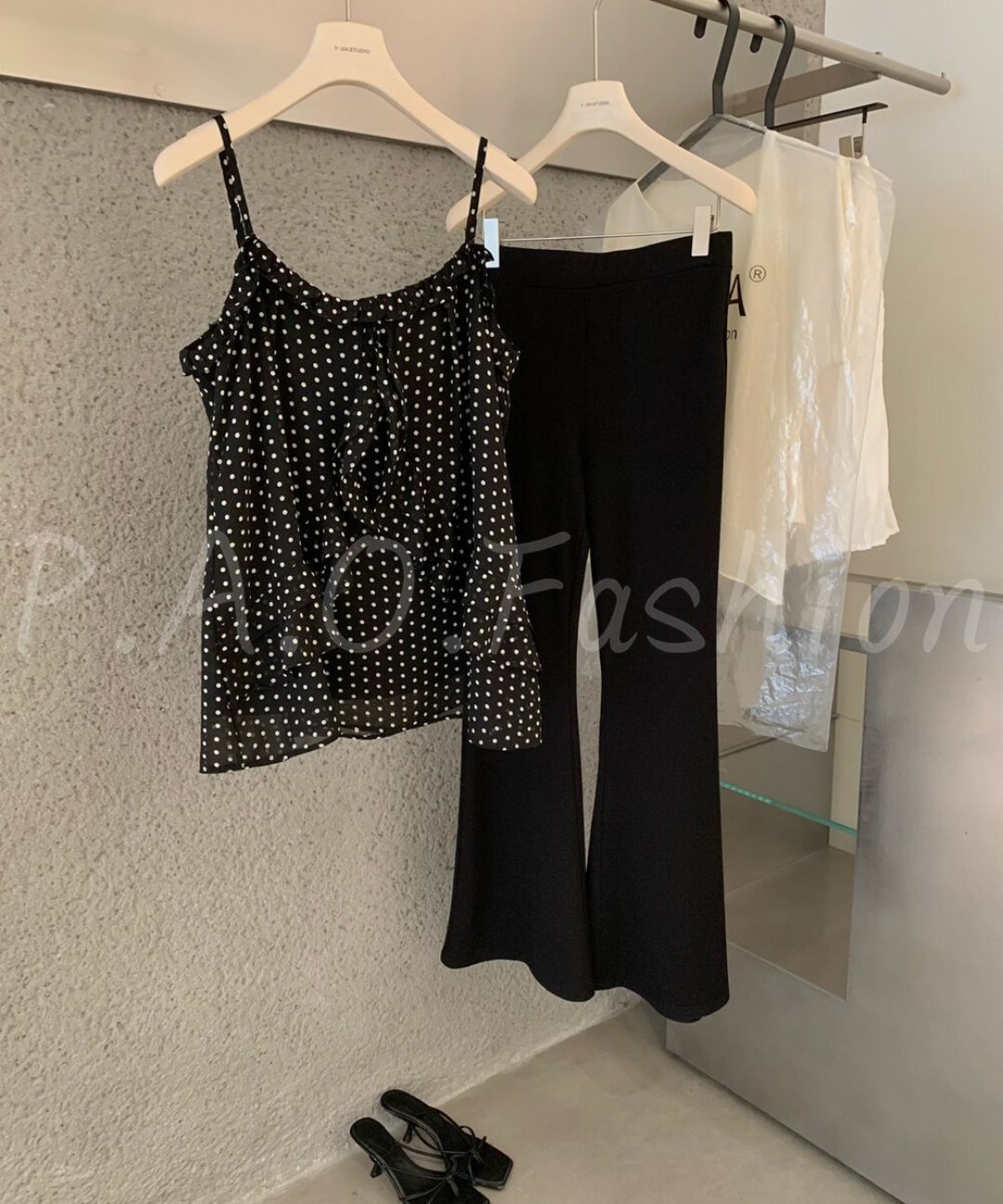 French Polka Dot Ruffle Cami & Wide-Leg Pants Set