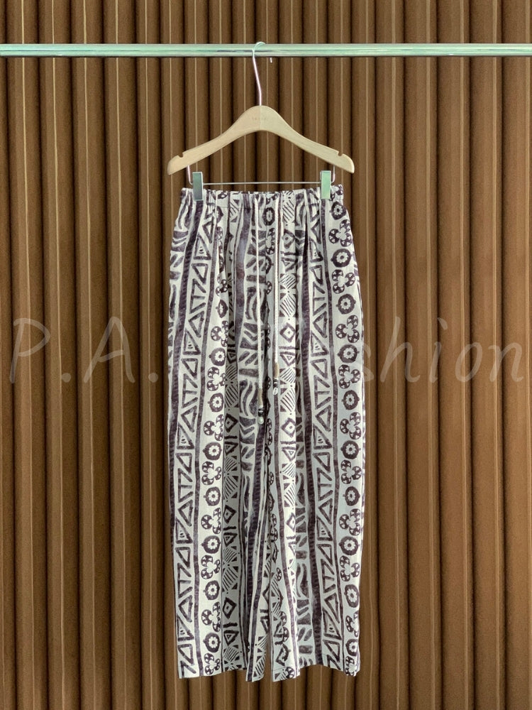 Bohemian Printed Linen-Cotton Wide-Leg Pants