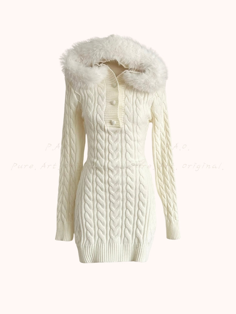 Eco Faux Fox Fur Hooded Knit Mini Dress