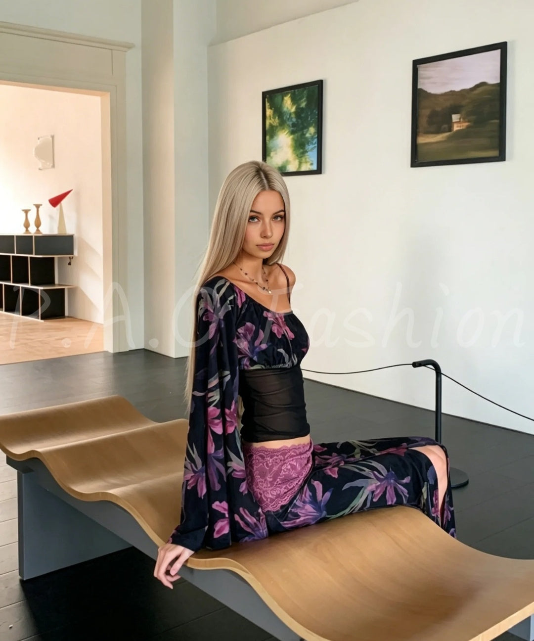 One-Shoulder Floral Mesh Top & Slit Maxi Skirt Set