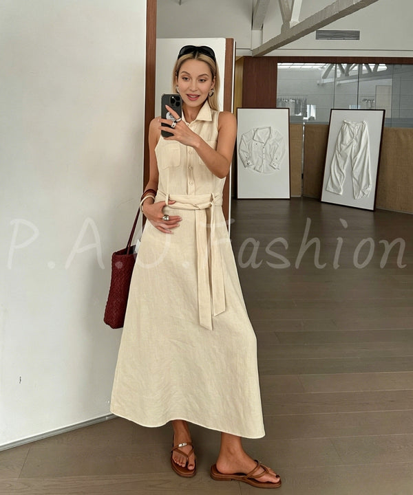Linen Blend Sleeveless Shirt Dress