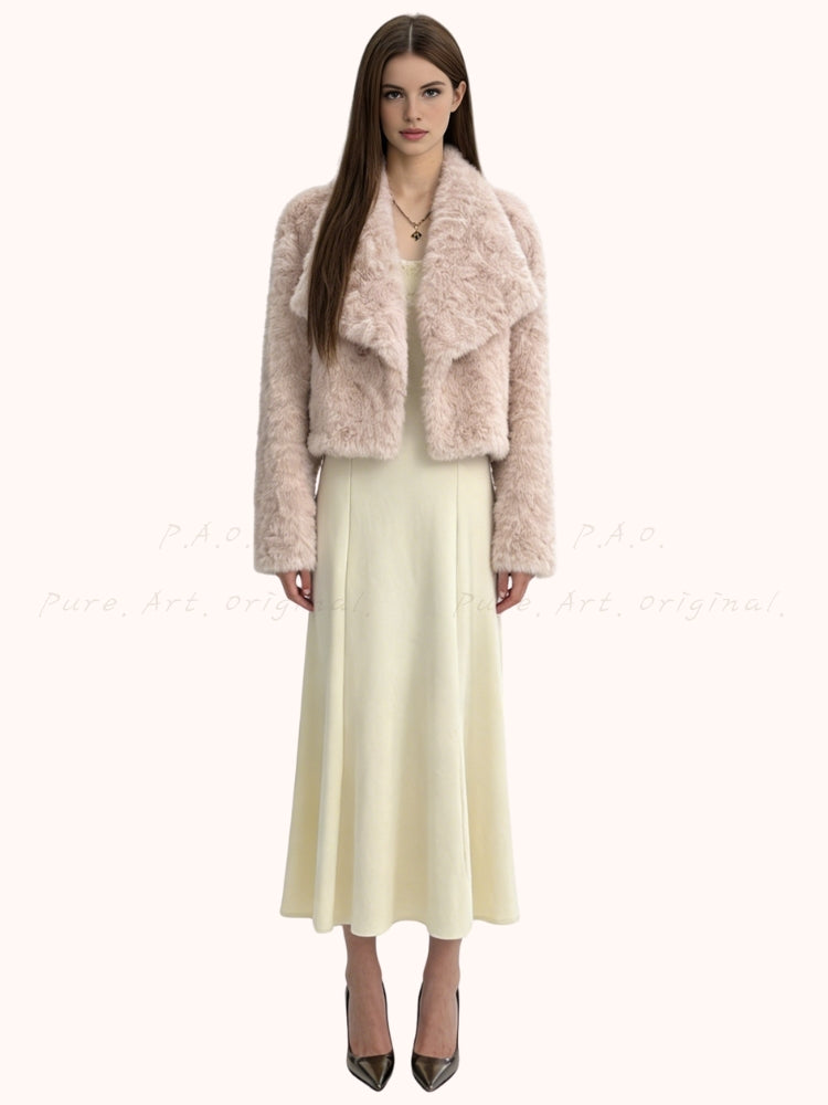 Soft Gold Mink Faux Fur Short Coat with Large Collar