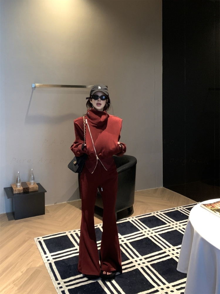 Slim-Fit Asymmetrical Zip Mock Neck Sweatshirt & Flared Pants Set