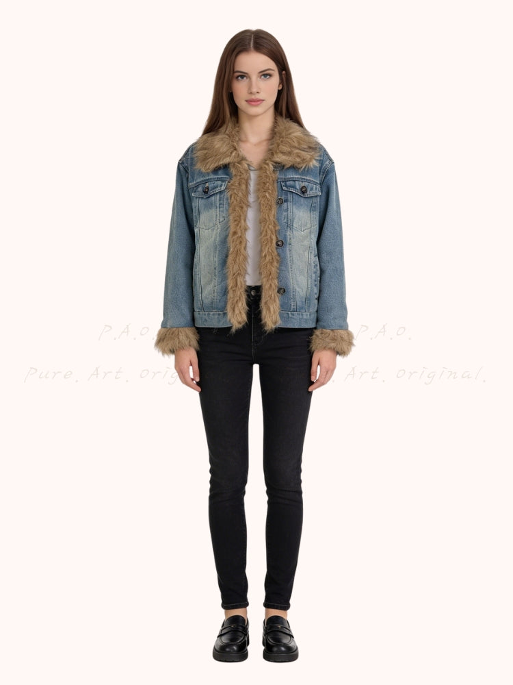 Washed Denim Faux-Fur Patchwork Puffer Jacket