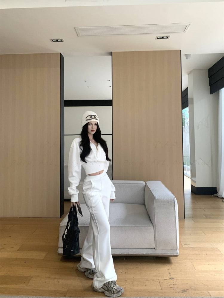 Cinched Waist Half-Zip Mock Neck Sweatshirt & Wide-Leg Pants Set