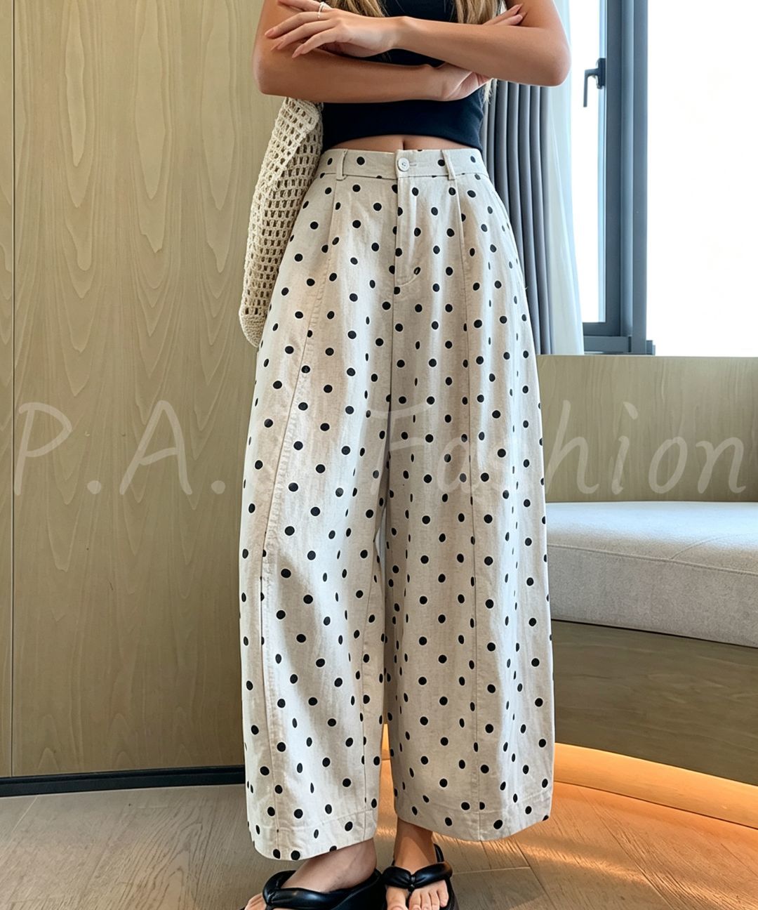 Vintage Polka Dot Linen Blend Cropped Wide-Leg Pants