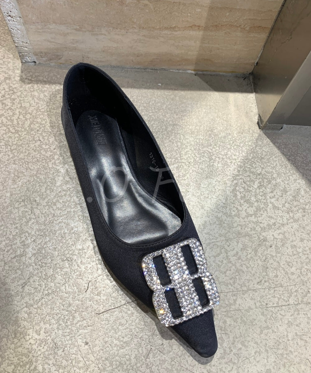 Pointed-Toe Satin Flats with Rhinestone Buckle