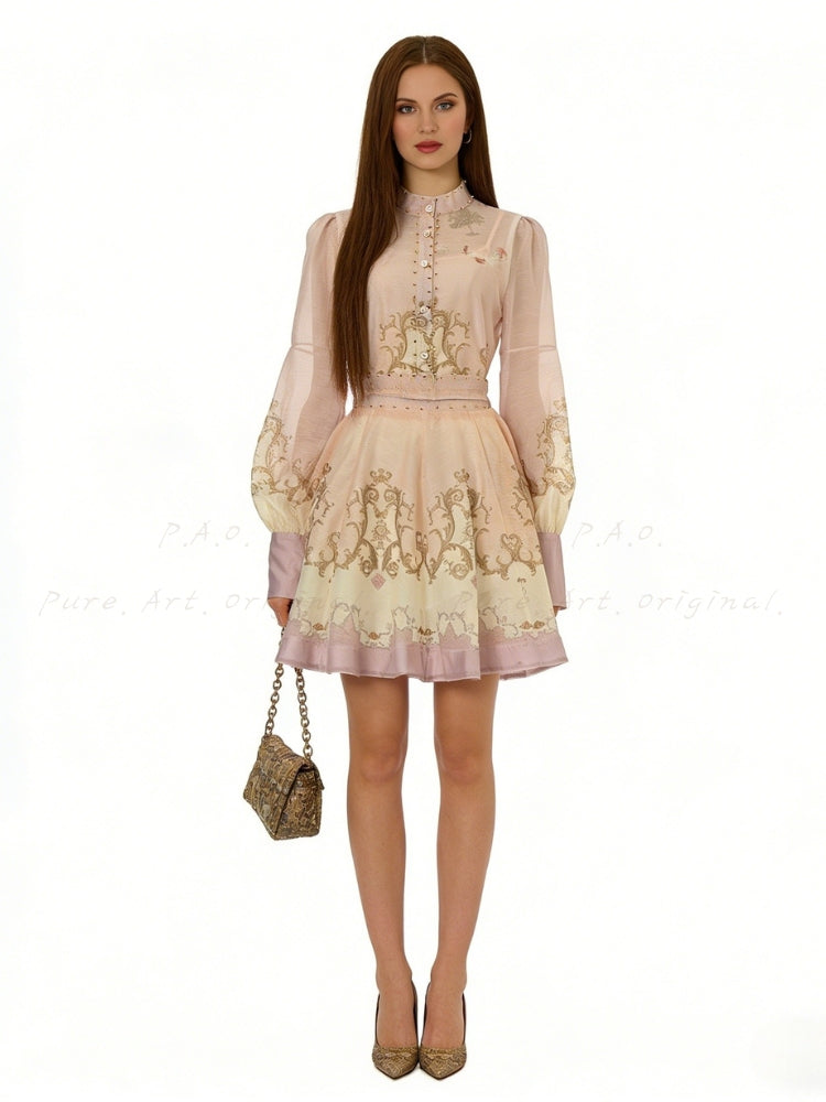 Vintage Print Collar Top & Flared Mini Skirt 3-Piece Set