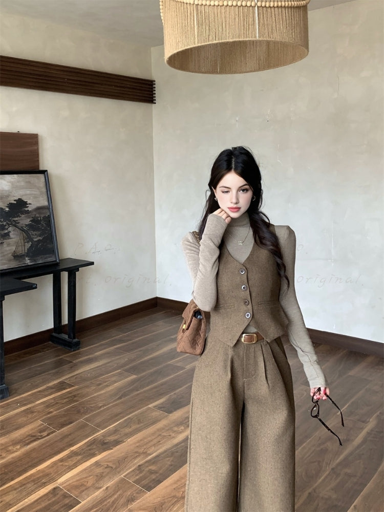Old Money–Inspired Single-Breasted Vest & Wide-Leg Trousers 3-Piece Set