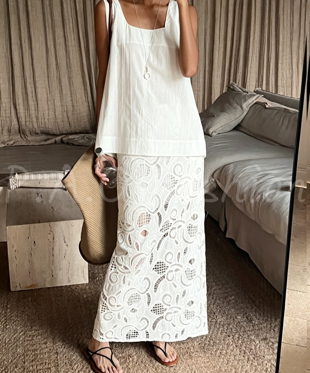 Cotton Eyelet Embroidered High-Waisted Maxi Skirt[Available Now]