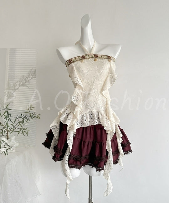 Boho Lace Halter Top & Burgundy Ruffle Mini Set[Available Now]