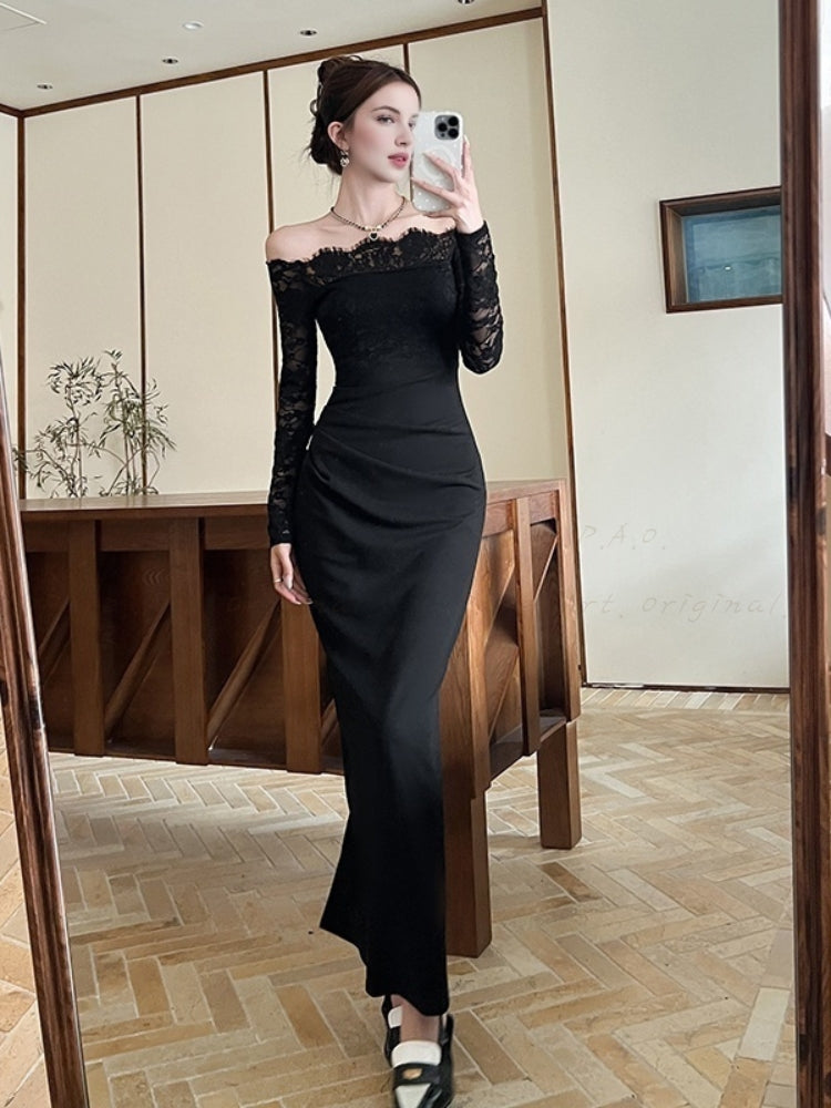 Off-Shoulder Lace Panel Long-Sleeve Maxi Dress