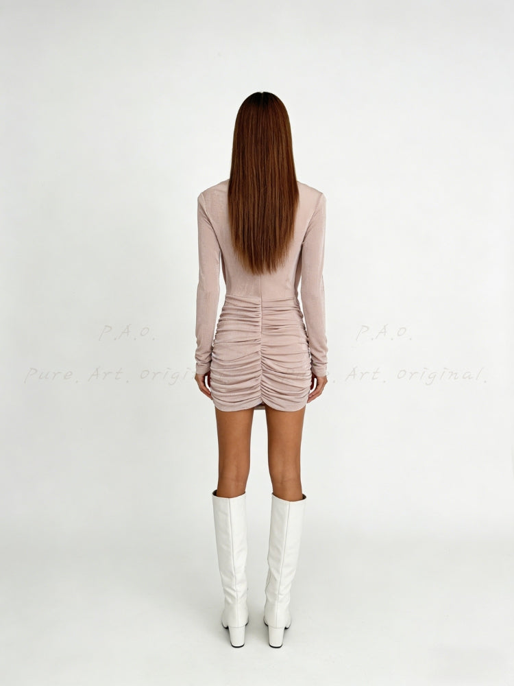 Drape Neck Long-Sleeve Lace Bodycon Mini Dress