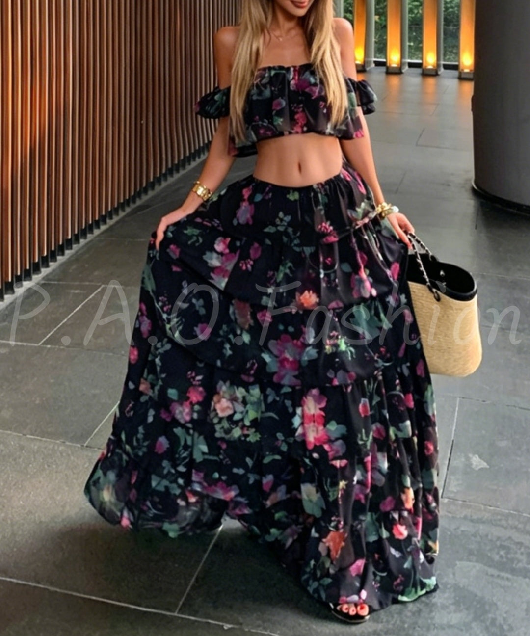 Floral Off-Shoulder Crop Top & Tiered Maxi Skirt Set