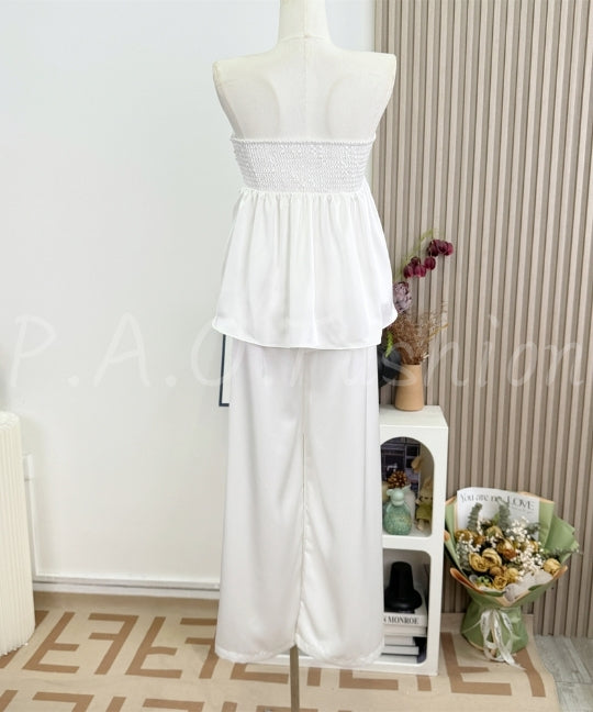 Twist Bandeau Satin Top & Wide-Leg Pants Set