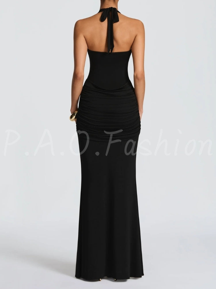 Twist Halter Ruched Open-Back Mermaid Maxi Dress