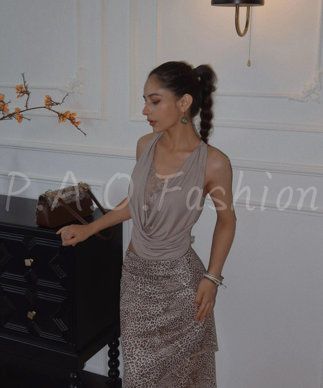 Lace Panel Cowl-Neck Tank