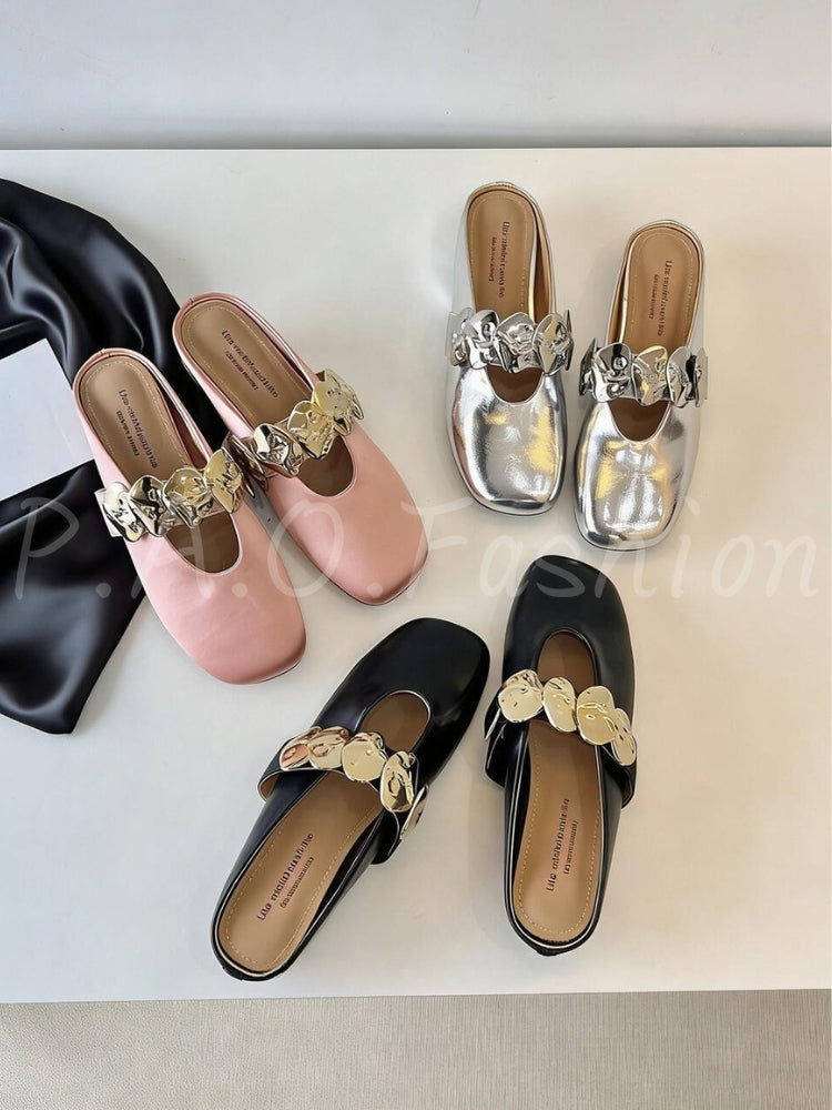 French Vintage Square-Toe Metal Accent Mule Flats