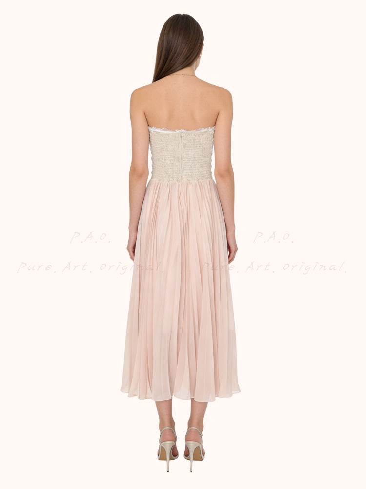 Lace Trim Pleated Strapless Midi Dress