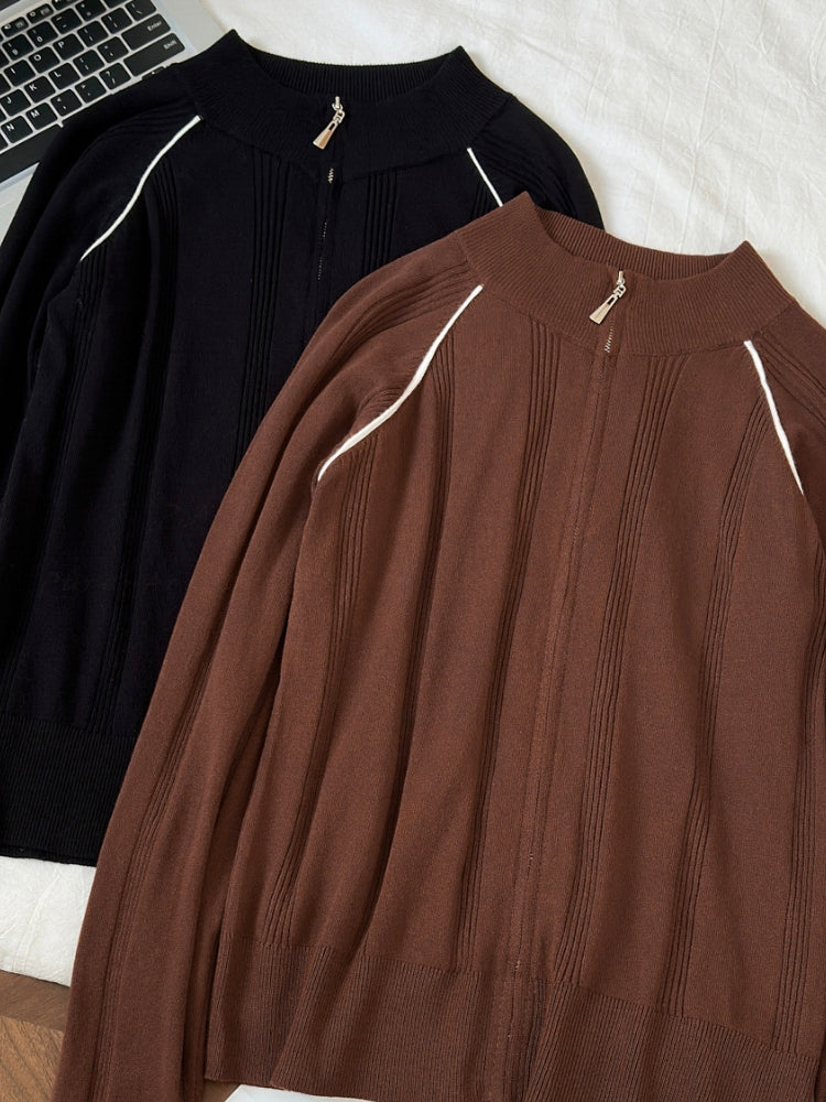 Vintage Contrast-Trim Zip Knit Cardigan