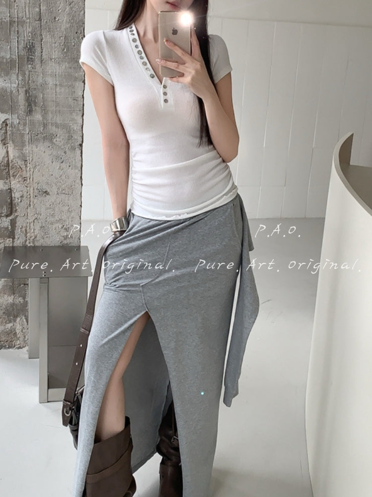 Ruched V-Neck Button Ribbed Crop Tee