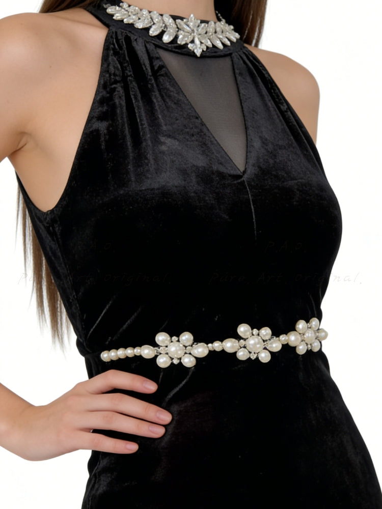 Velvet Halter V-Neck Midi Dress