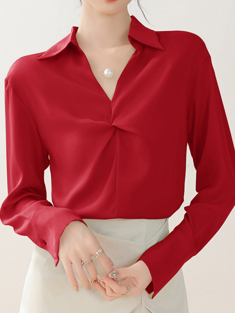 Satin Slim-Fit Shirt with Faux Pearl Necklace