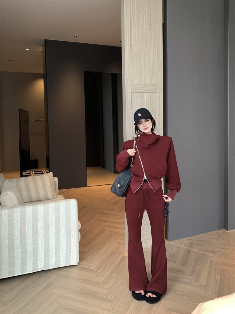 Slim-Fit Asymmetrical Zip Mock Neck Sweatshirt & Flared Pants Set