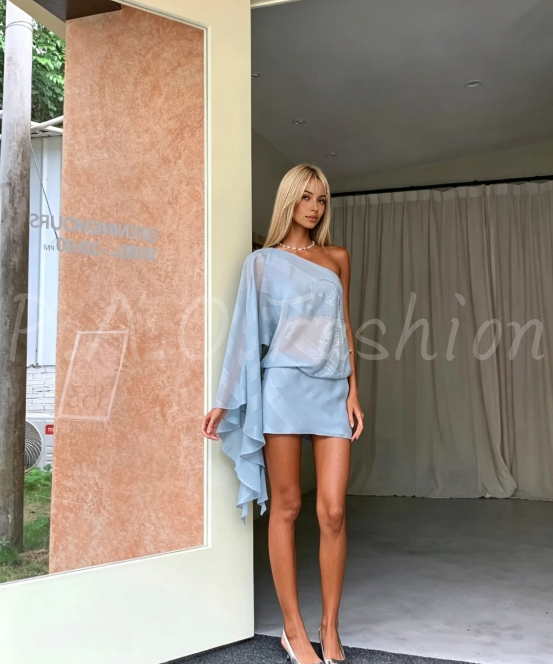 Asymmetrical One-Shoulder Embellished Chiffon Mini Dress