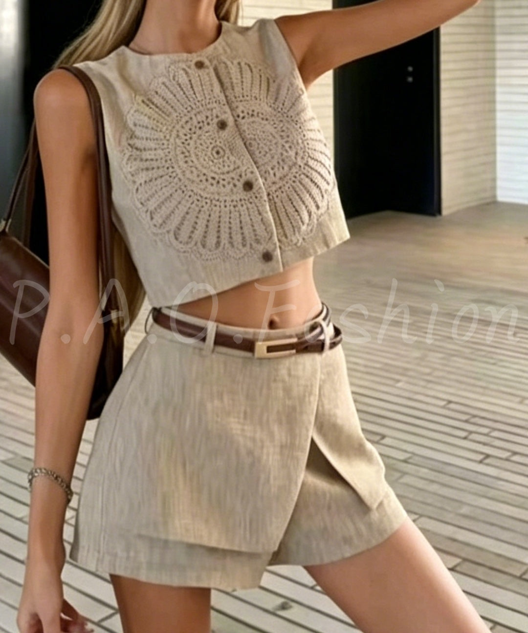 Tencel Linen Crochet Vest & Wrap Skort Set