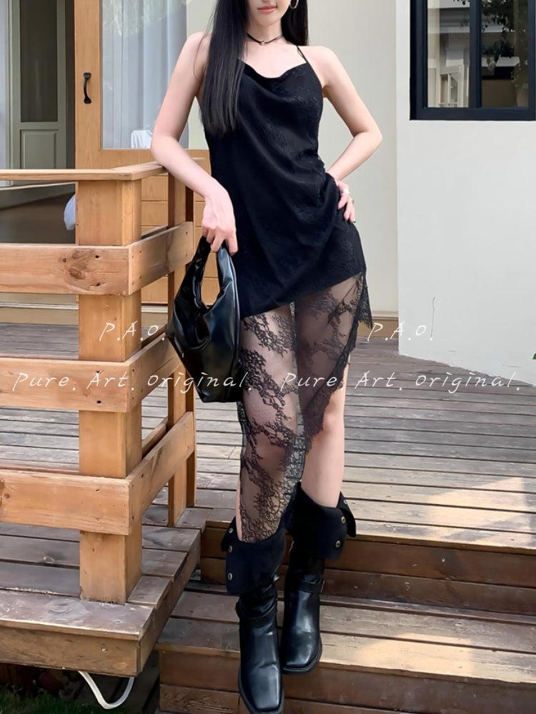 Satin Lace Halter Cowl Neck Cami