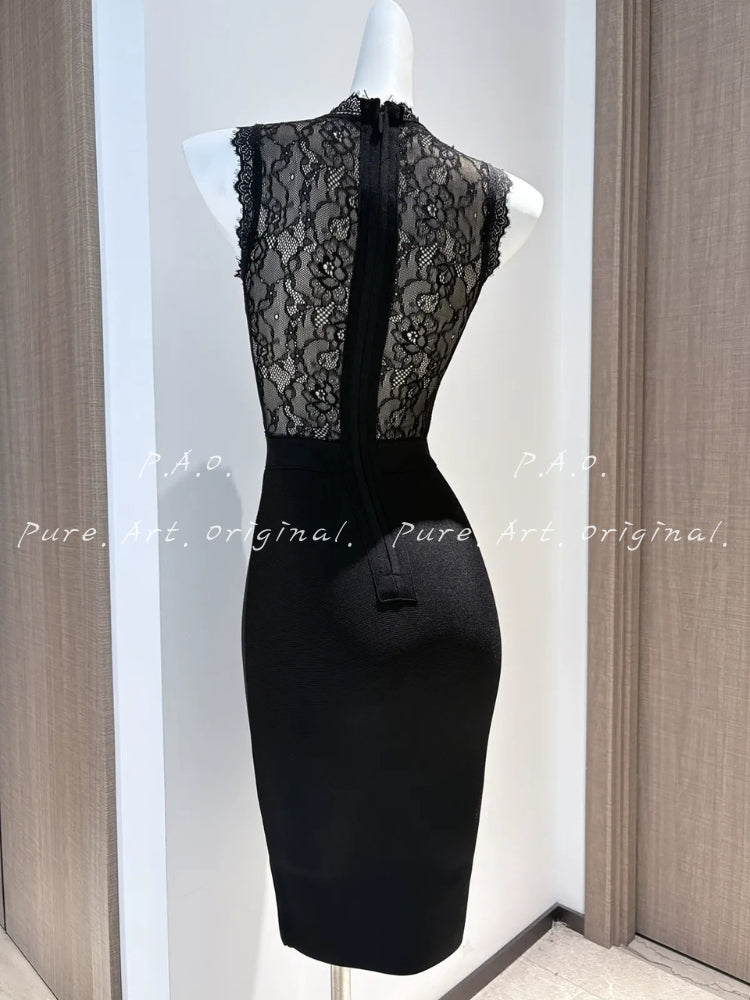 Lace High-Neck Sculpting Bandage Midi Dress