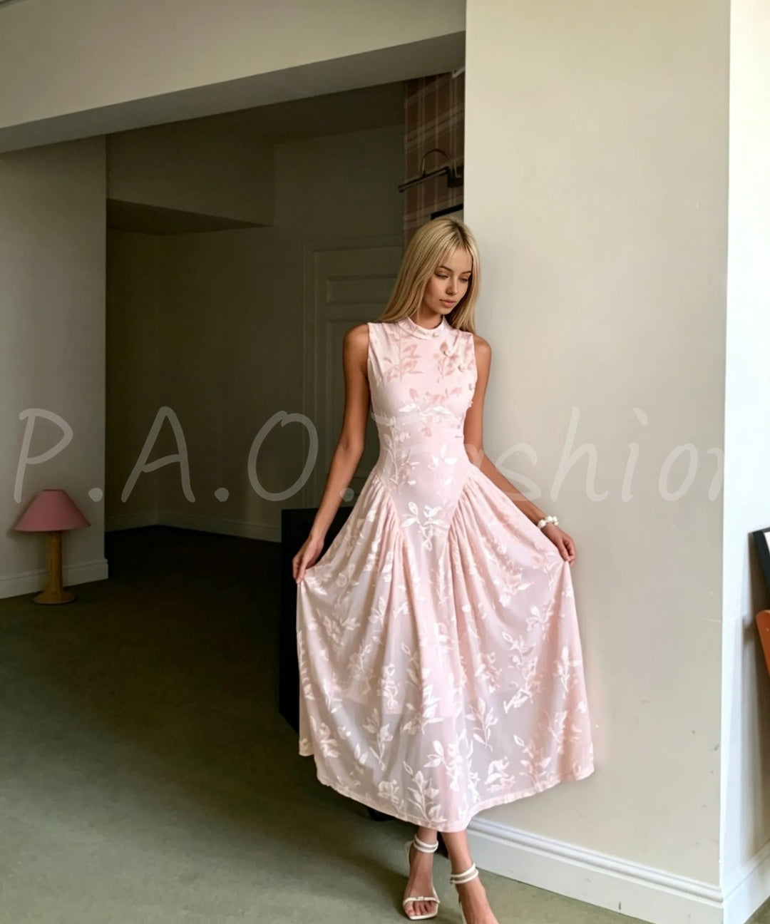 Lily Jacquard Mandarin Collar Sleeveless Maxi Dress