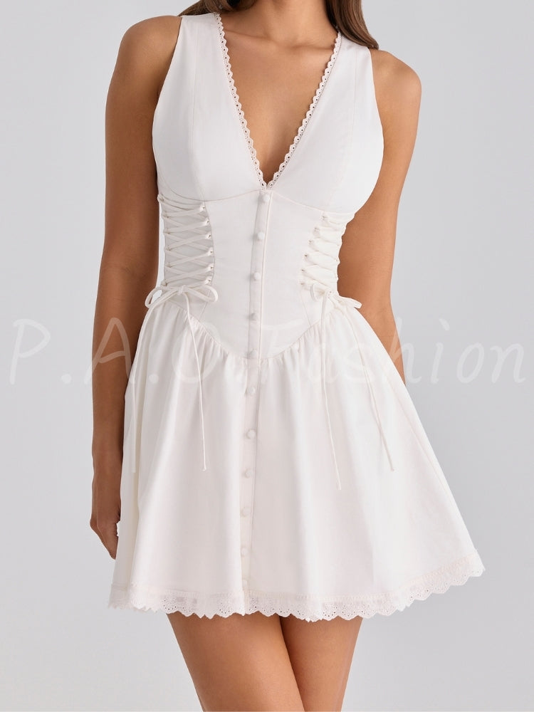 Lace-Up V-Neck Corset Fit & Flare Mini Dress