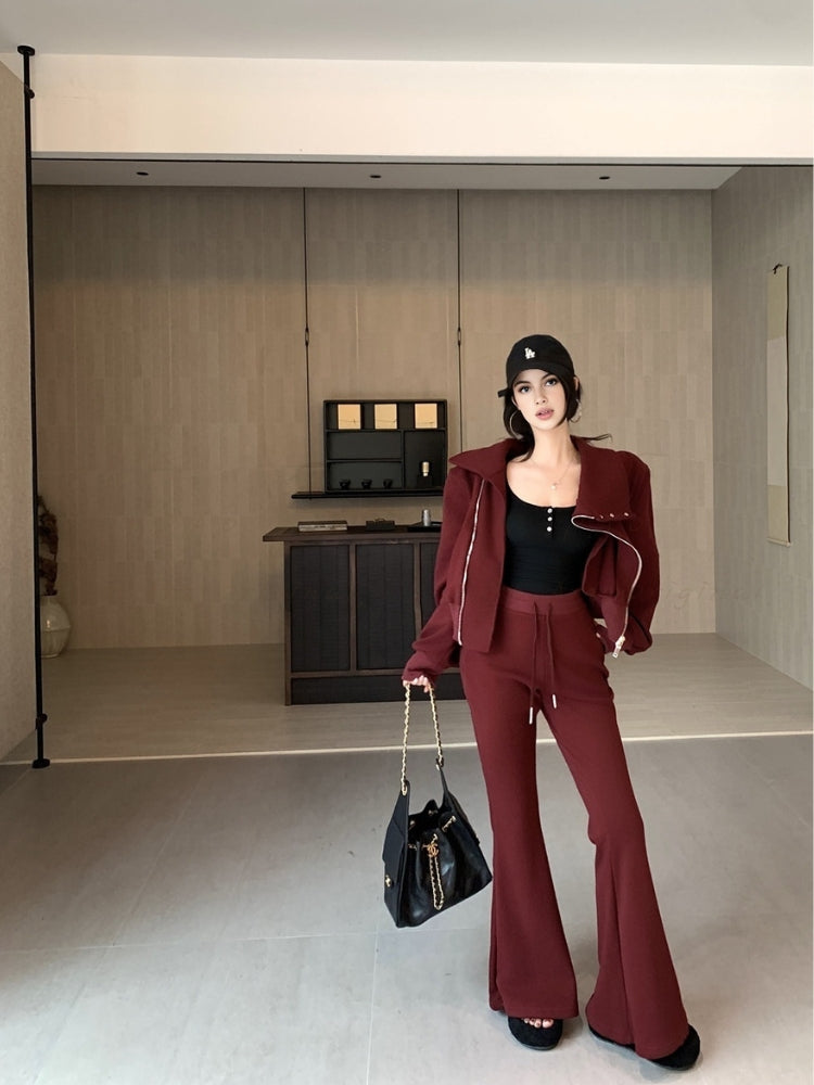 Slim-Fit Asymmetrical Zip Mock Neck Sweatshirt & Flared Pants Set