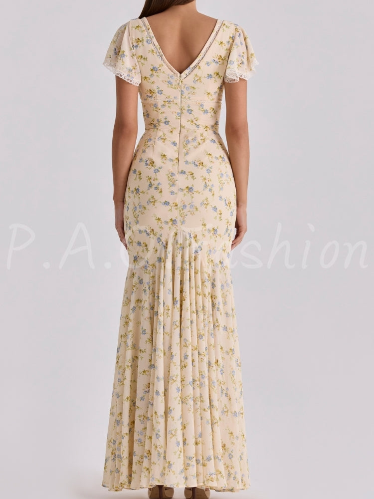 Floral Lace Trim Mermaid Maxi Dress