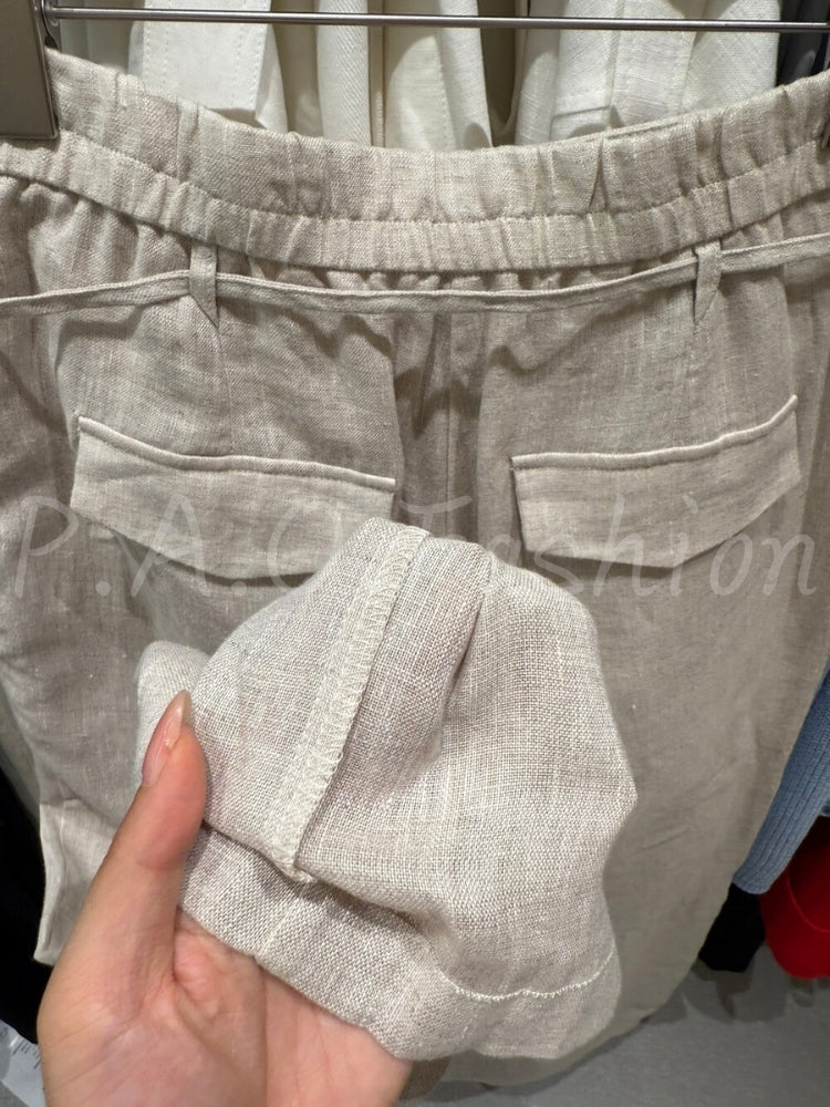 French Relaxed Linen Drawstring Wide-Leg Pants