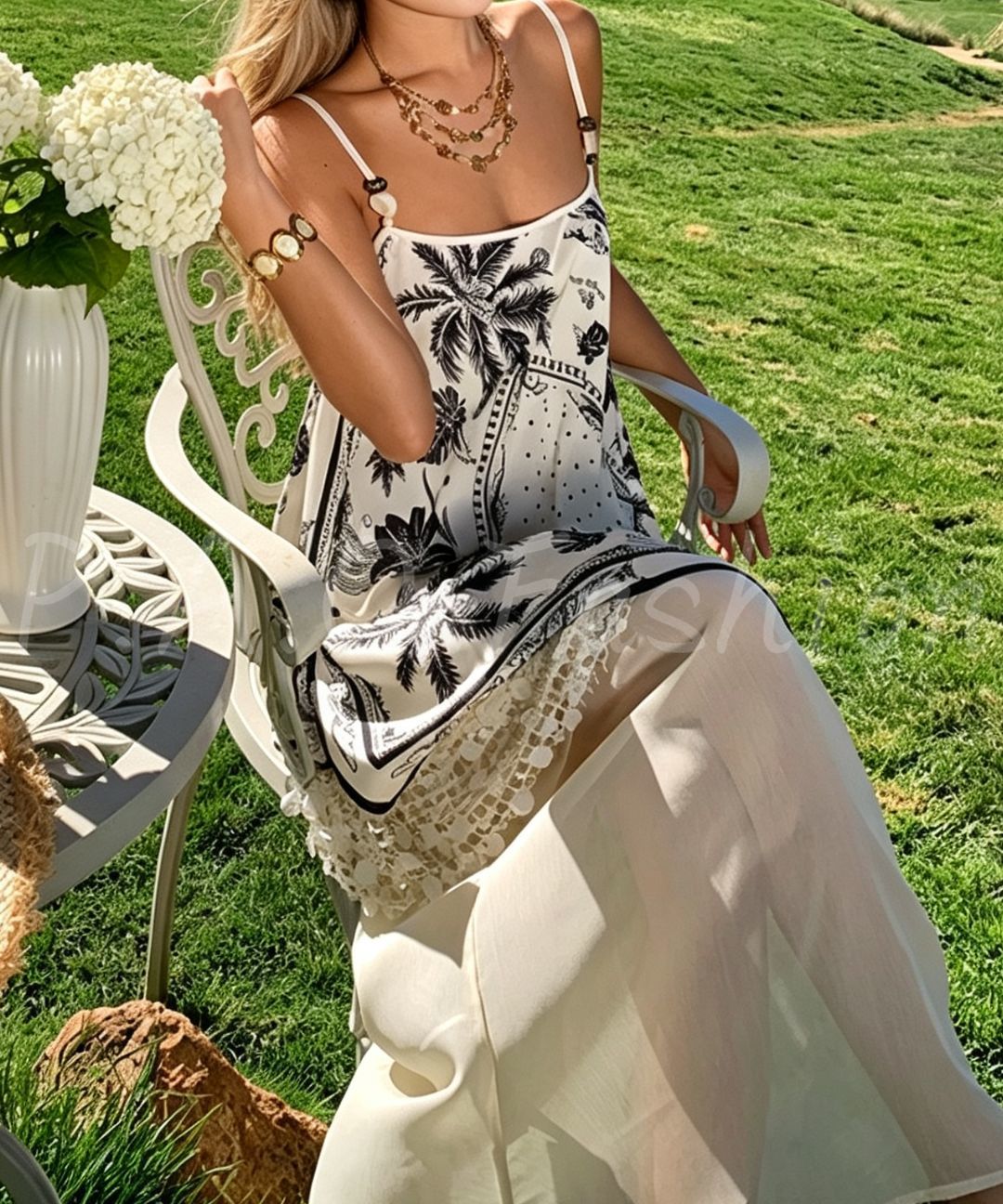 Tropical Palm Print Sequin Patchwork Strappy Resort Maxi Dress