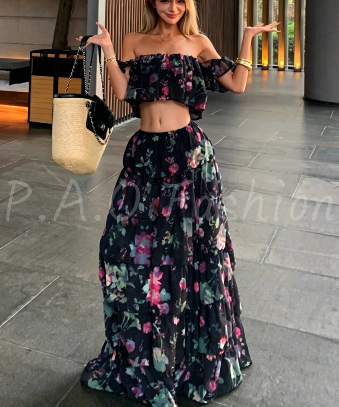 Floral Off-Shoulder Crop Top & Tiered Maxi Skirt Set