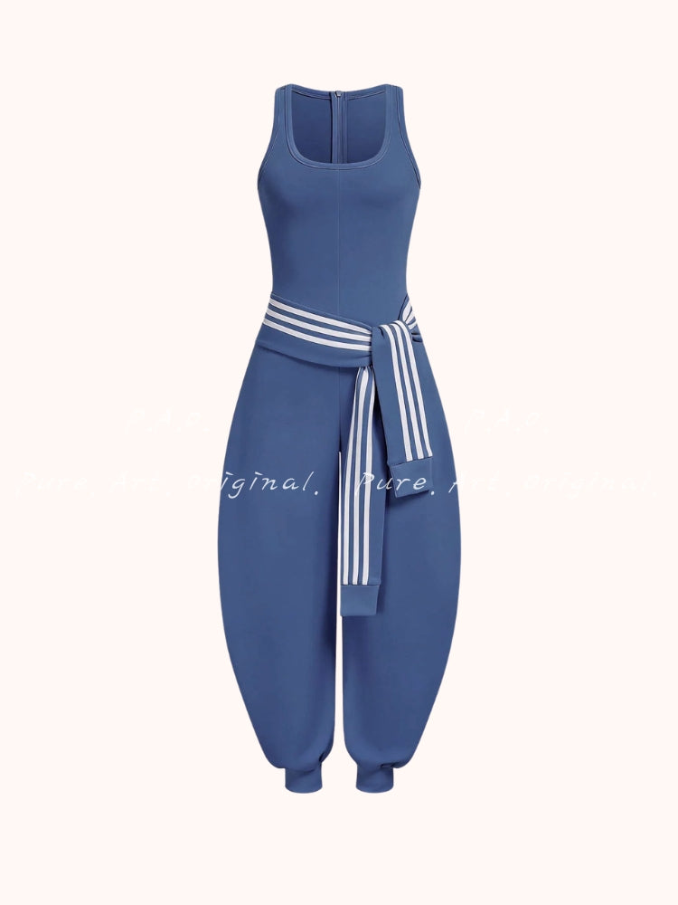 U‑Neck Contrast Striped Tie‑Up Zipper Barrel Jumpsuit
