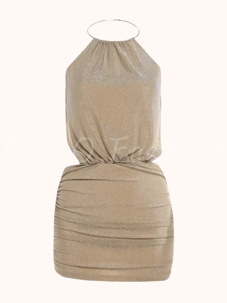 Shimmer Halter Cutout Ruched Mini Dress