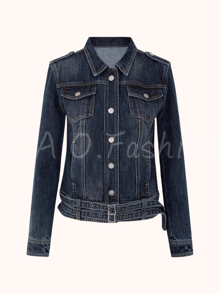 Vintage Belted Denim Jacket & Flared Jeans Set