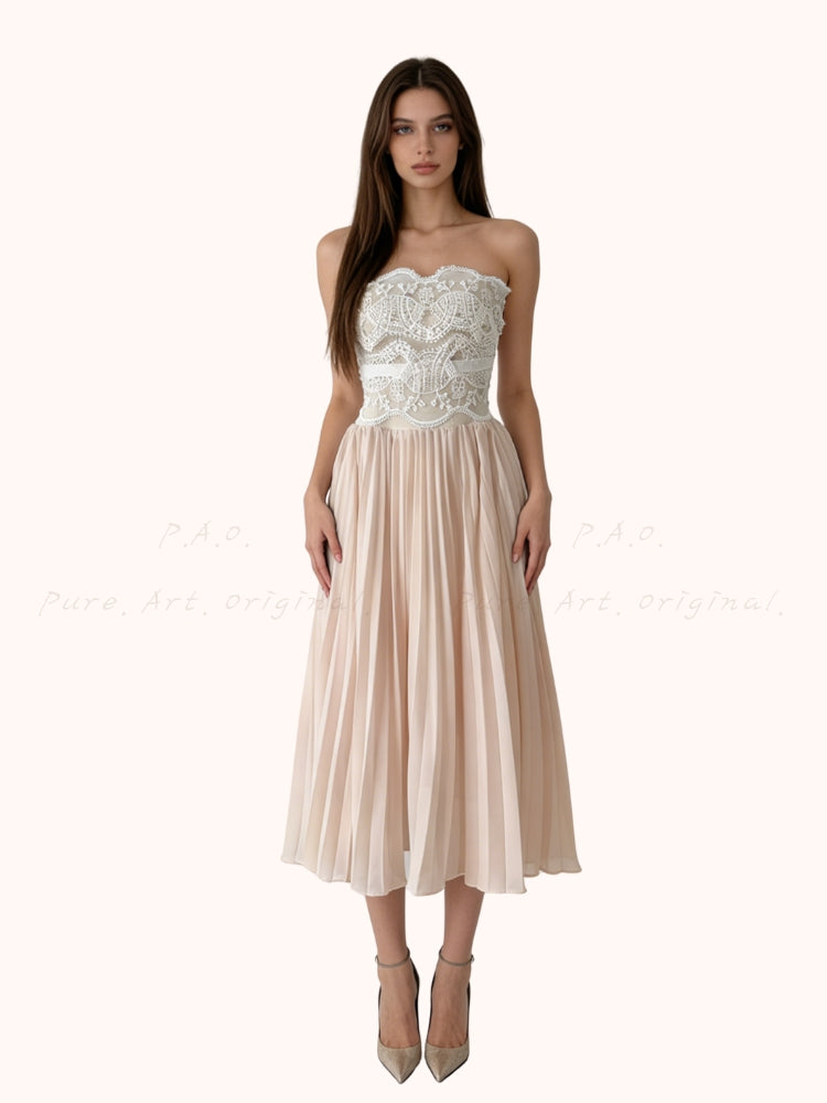 Lace Trim Pleated Strapless Midi Dress