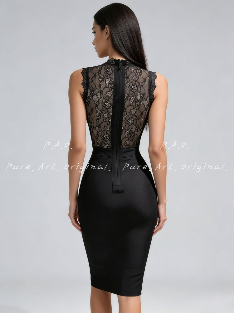 Lace High-Neck Sculpting Bandage Midi Dress