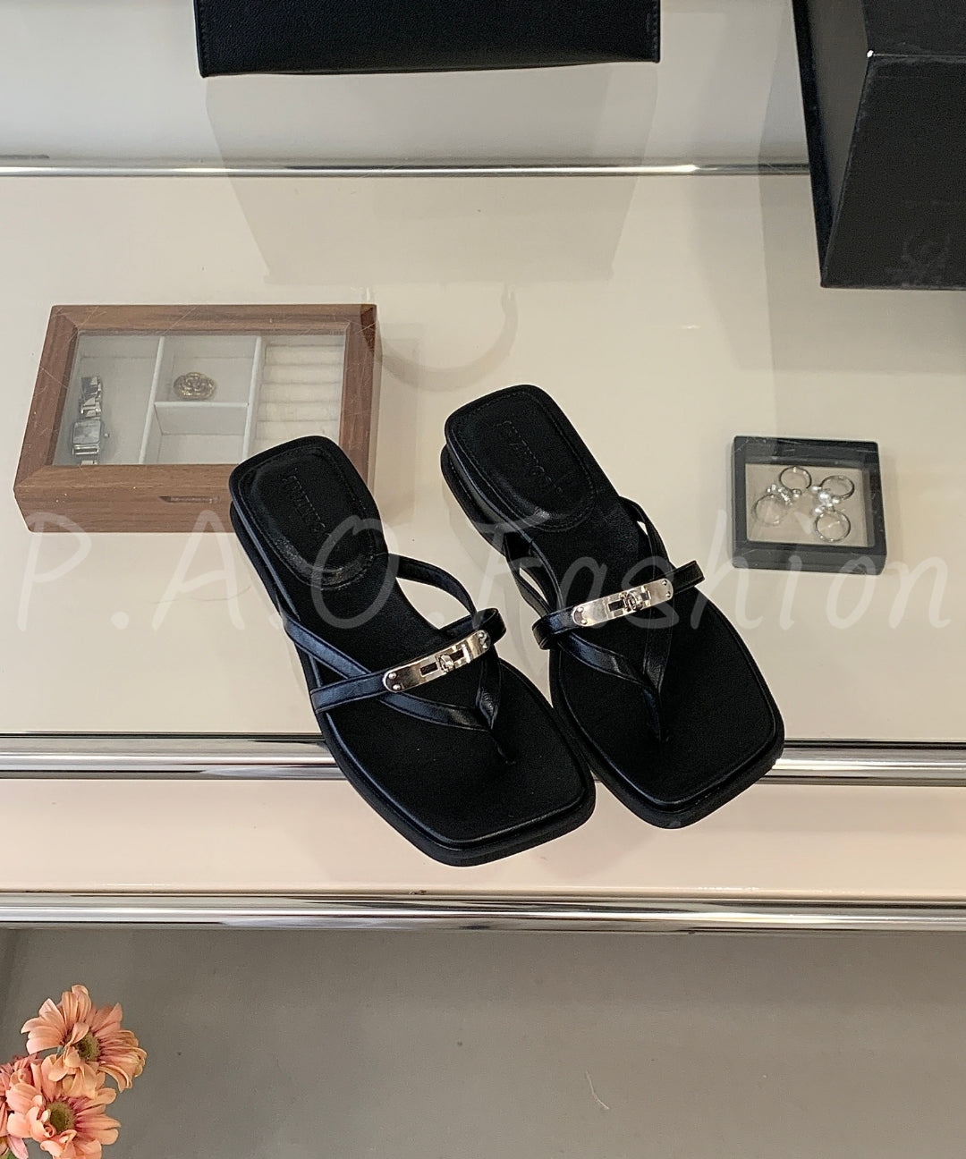 Square Toe Thong Sandals with Metal Detail