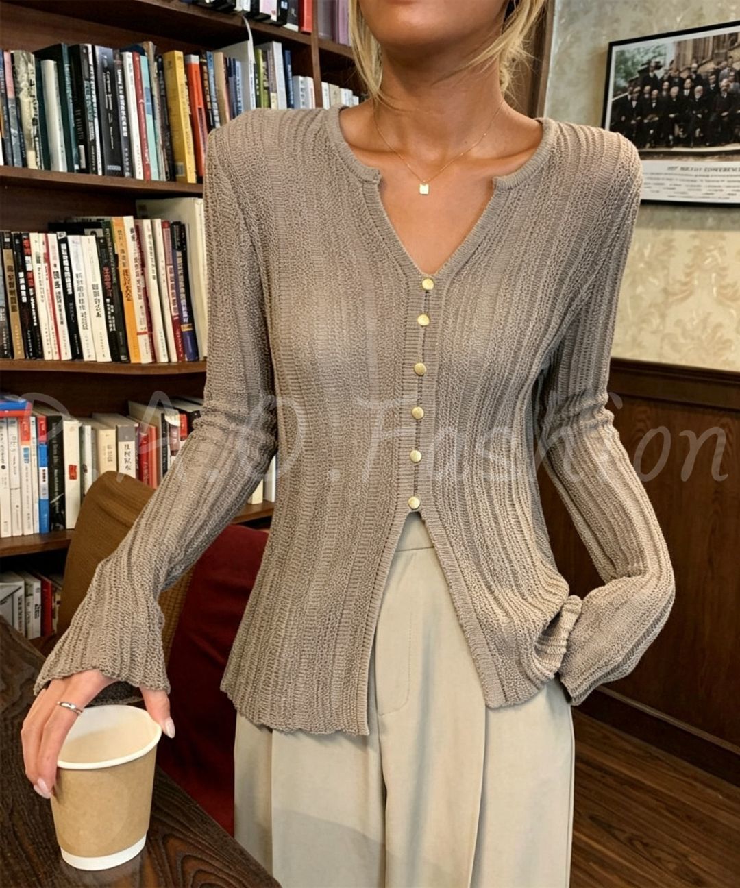 Ribbed V-Neck Button Knit Cardigan