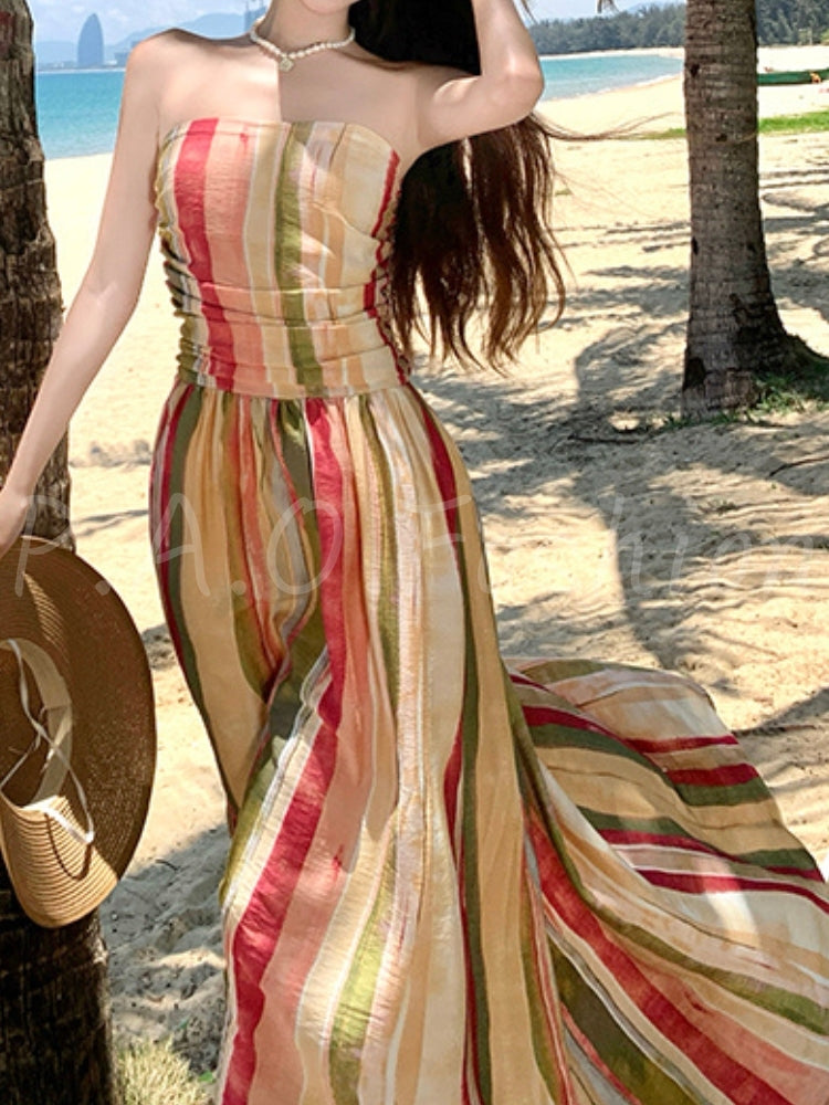 Tie-Dye Stripe Bandeau Flowy Maxi Dress